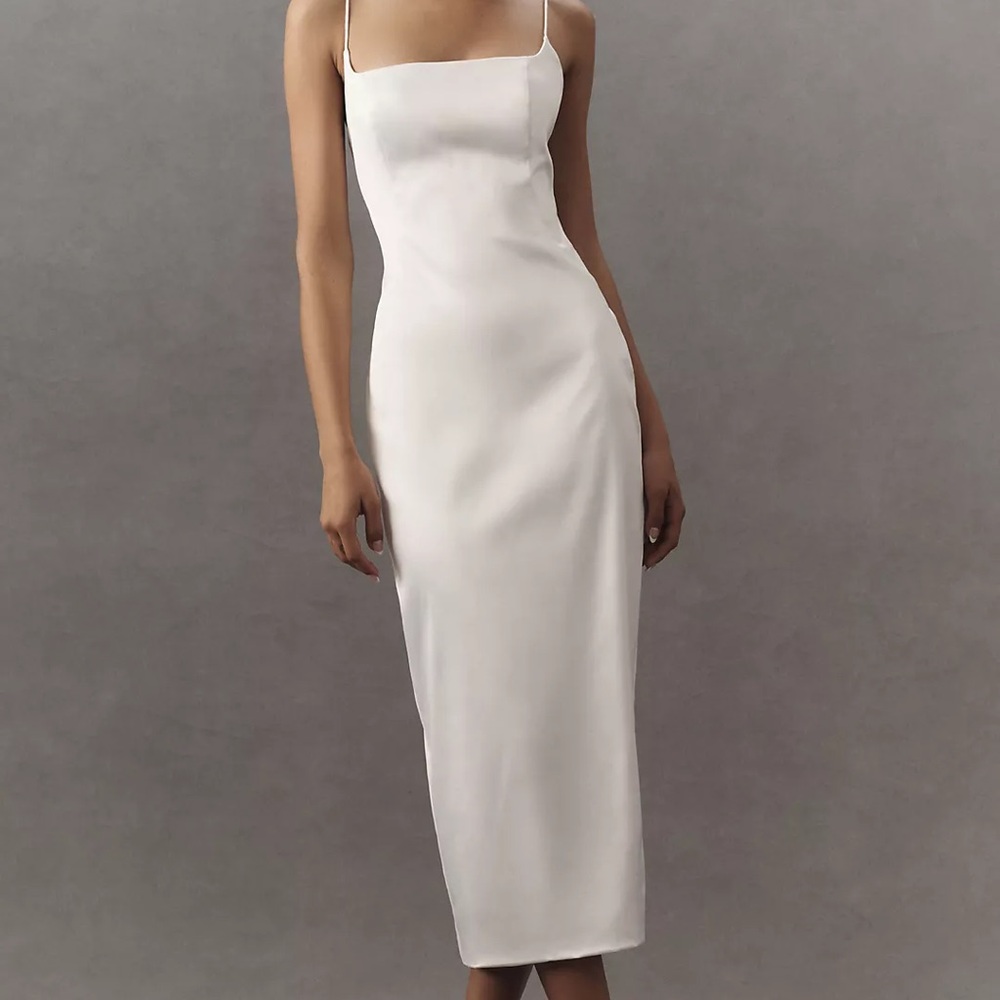 BHLDN Square-Neck Back-Slit Slim Stretch Satin Midi Dress - Anthropologie